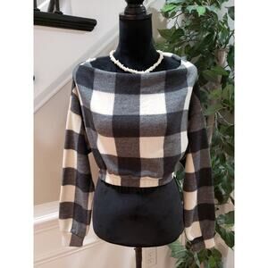 Win Win Women's White & Gray Polyester Boat Neck Long Sleeve Top Blouse Size S